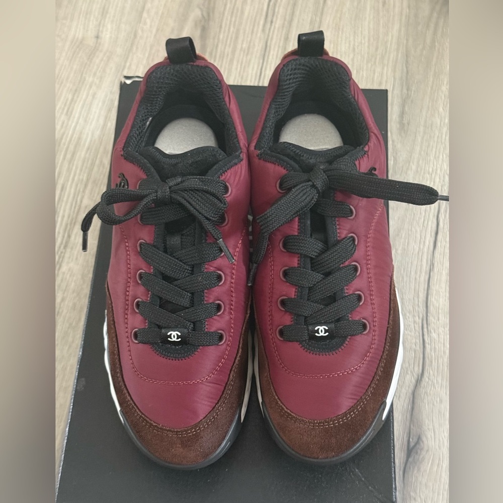 Authentic Chanel sneakers maroon, black and white